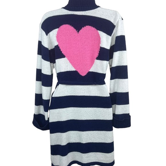 Betsey Johnson Other - Betsey Johnson Cozy Sweater Robe Medium Blue White Stripe Knit Pink Heart